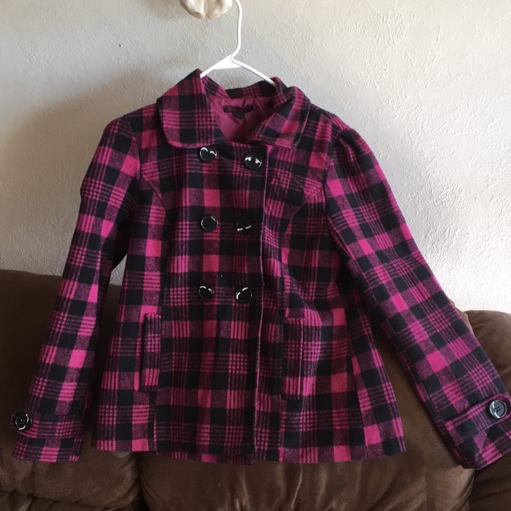 Purple and black dress jacket with buttons.